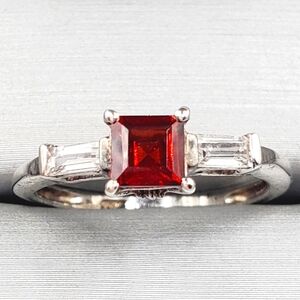 Genuine Red Princess Cut Garnet & White Topaz 925 Sterling Silver Ring